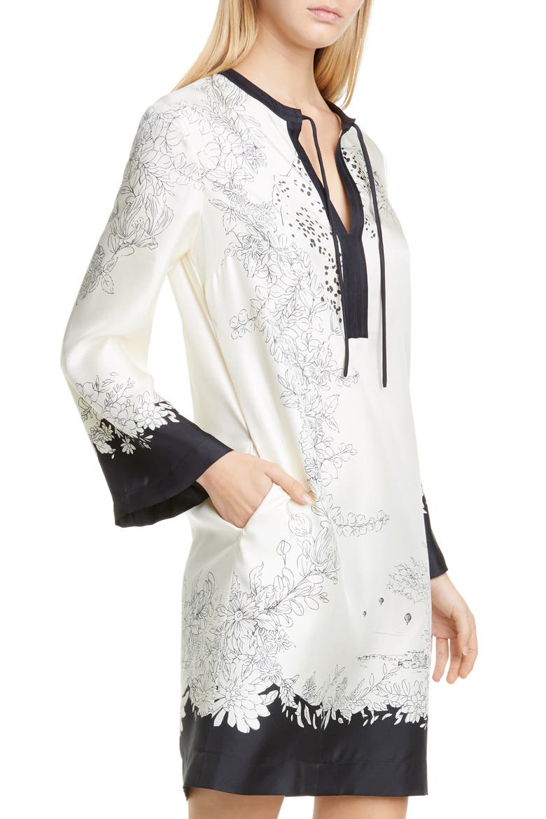 Cheetah & Floral Print Long Sleeve Silk Shift Dress, Alternate, color, BLACK