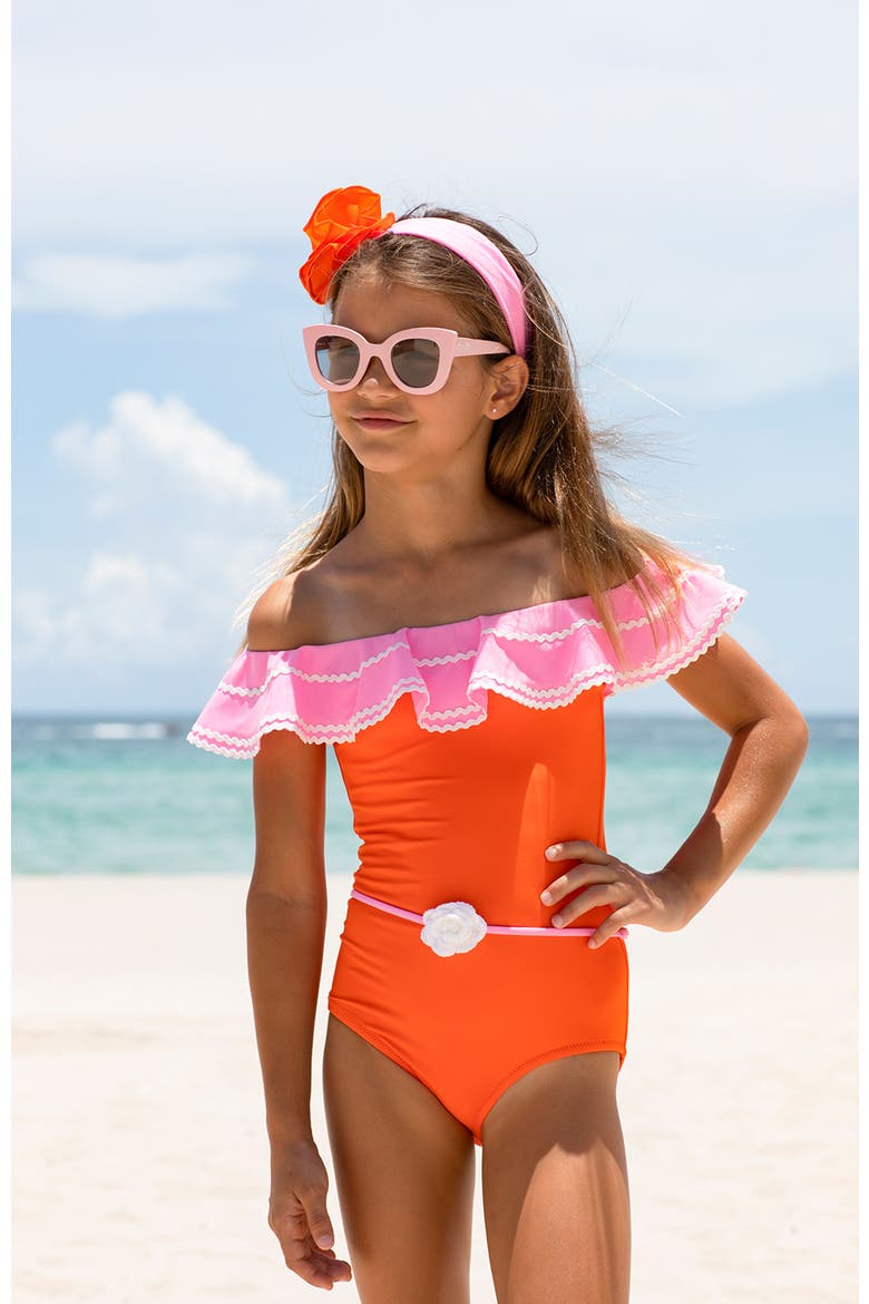 Kids' Off Shoulder Crochet Flower Belt One-Piece Swimsuit, Alternate, color, Orange-Pink
