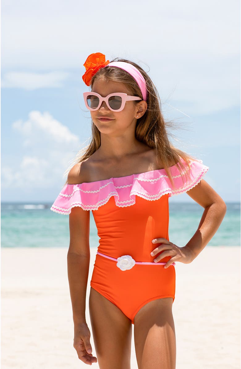 NESSI BYRD Kids' Off Shoulder Crochet Flower Belt One-Piece Swimsuit, Alternate, color, Orange-Pink