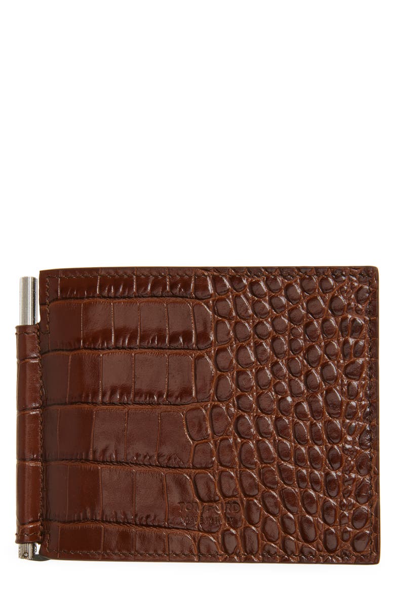 Croc Embossed Leather Bifold Wallet, Main, color, CARAMEL