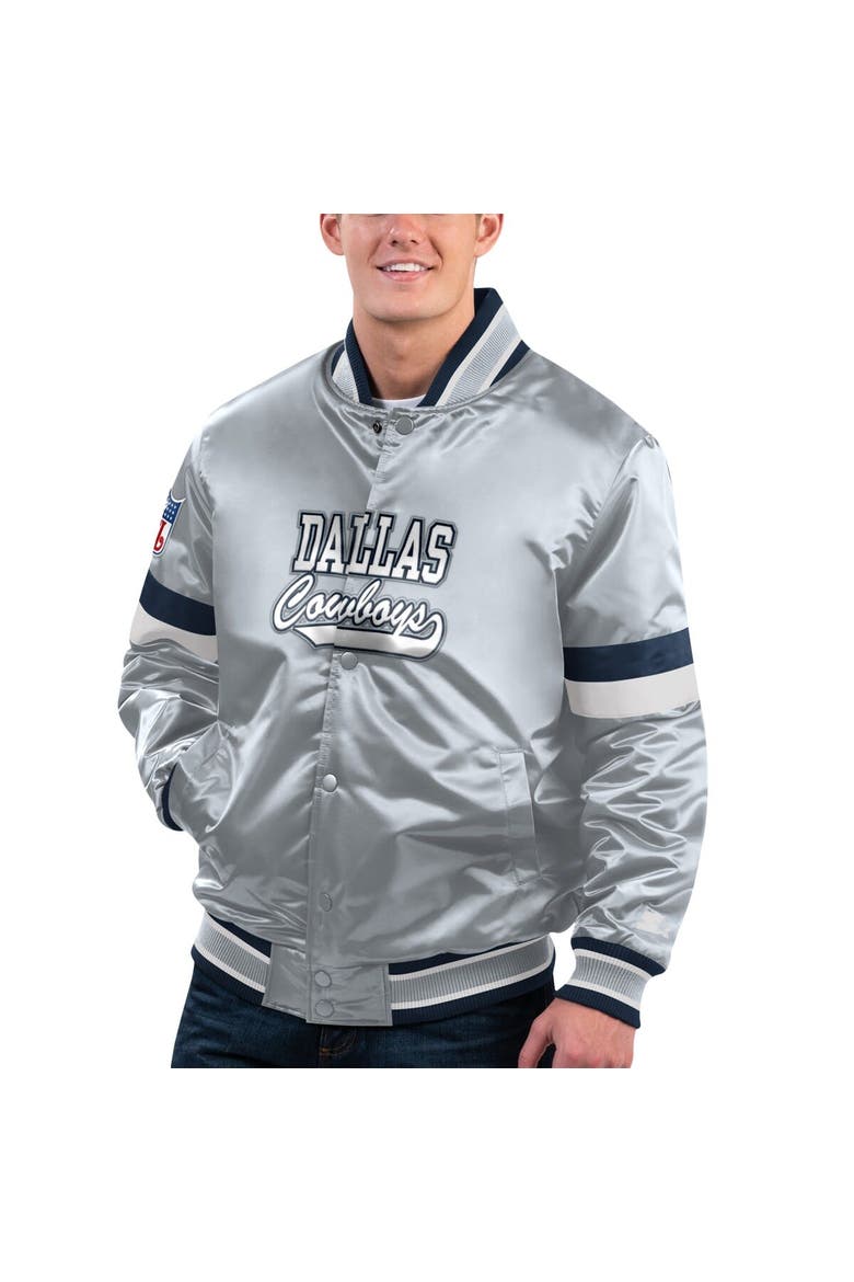 Men's Starter Silver Dallas Cowboys Home Game Satin Full-Snap Varsity Jacket, Main, color, Silver