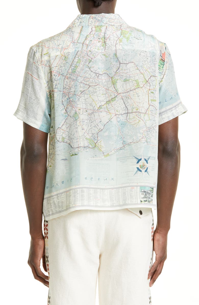 Bode New York City Map Short Sleeve Silk Button-Up Shirt, Alternate, color,