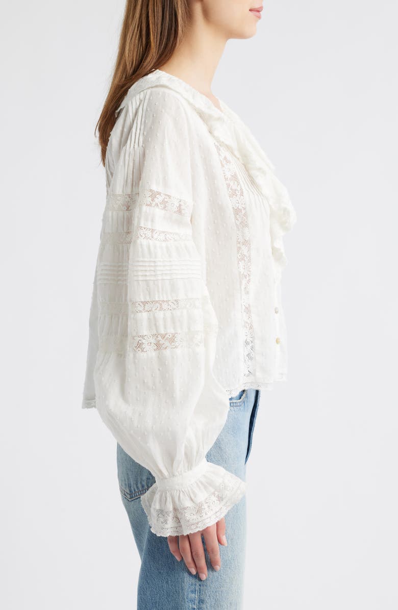 LoveShackFancy Rosabelle Lace Inset Clip Dot Button-Up Shirt, Alternate, color, Optic White