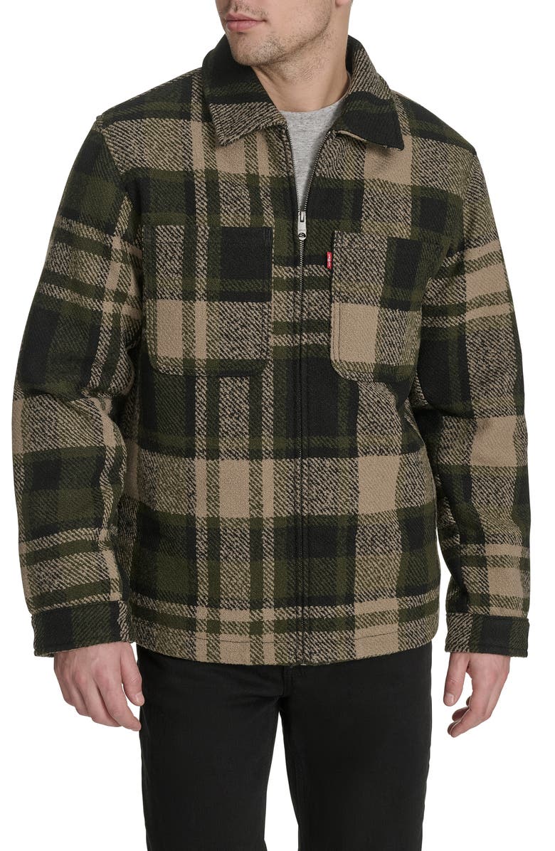 Levi's Zip Front Plaid Shacket, Main, color, Green/ Black