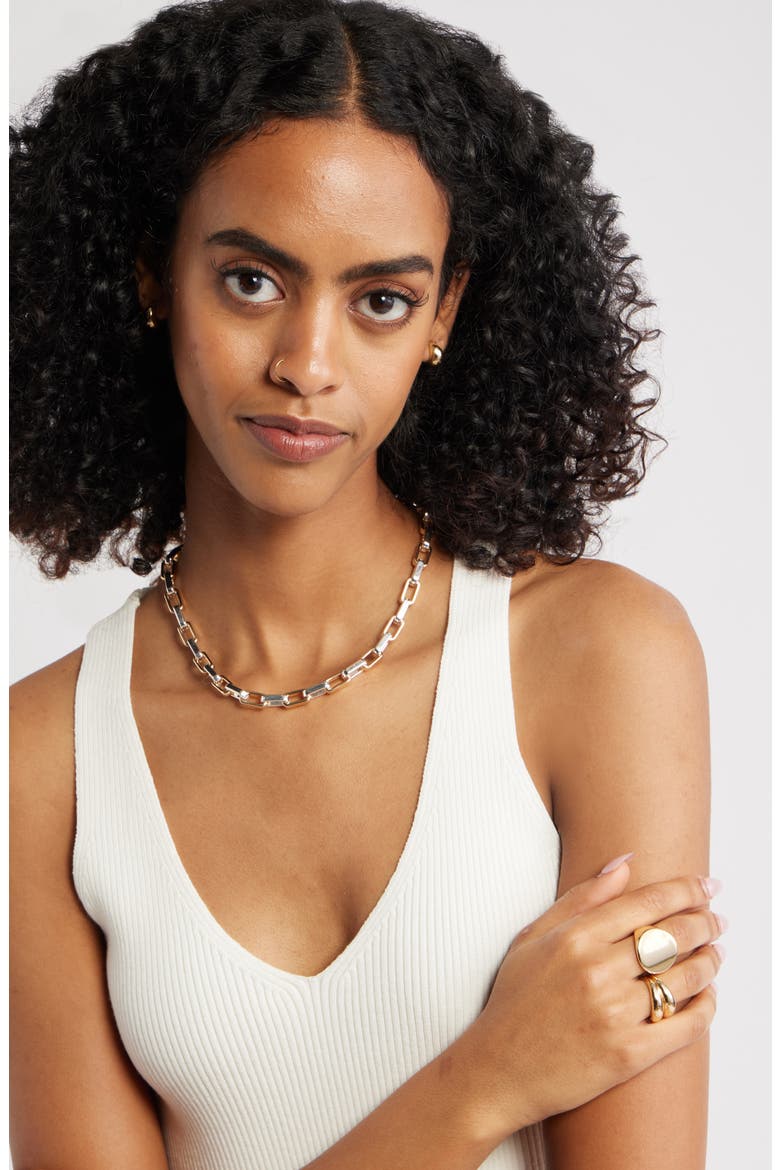 Two Tone Rectangle Link Chain Necklace, Alternate, color, GOLD- SILVER