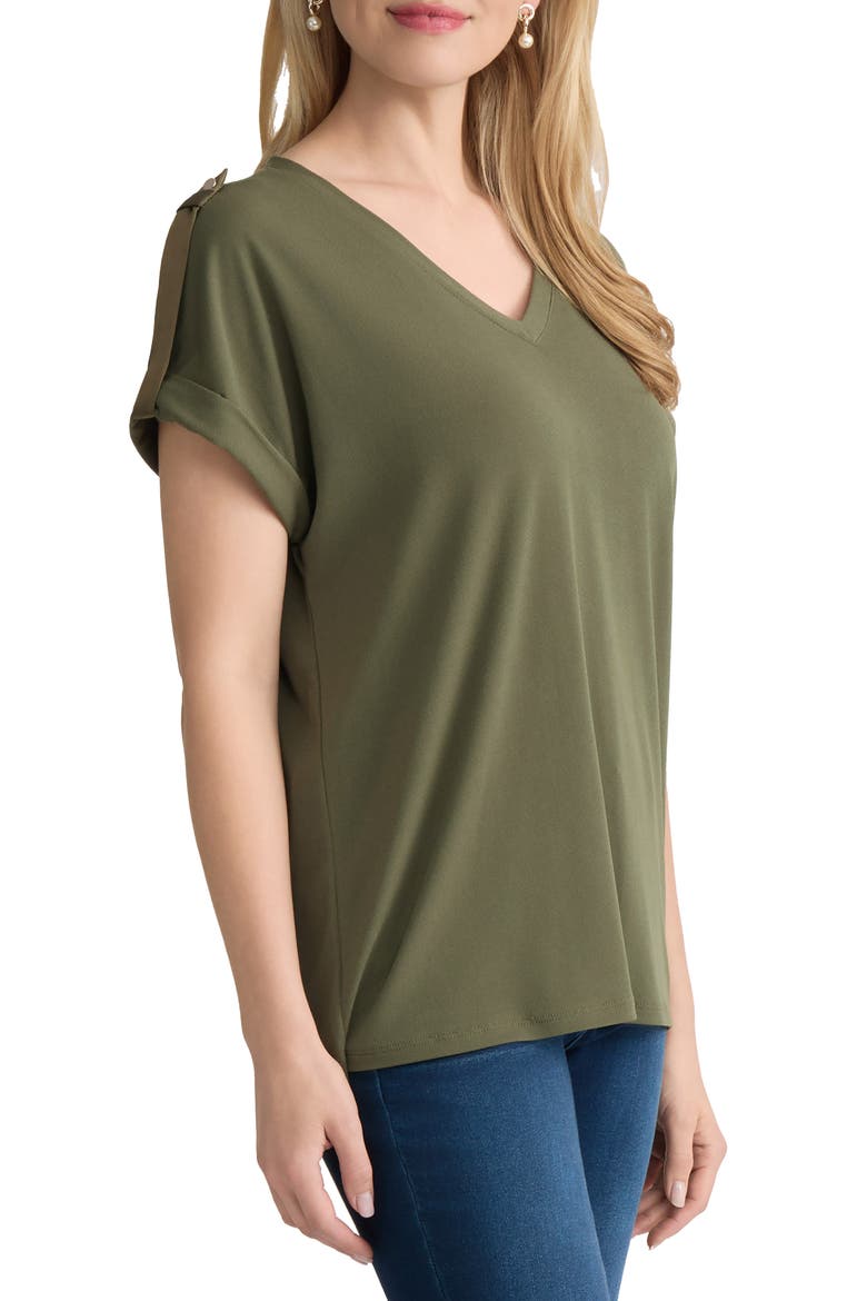 Extended Shoulder Roll Tab Cuff V-Neck T-Shirt, Alternate, color, JASPER GREEN