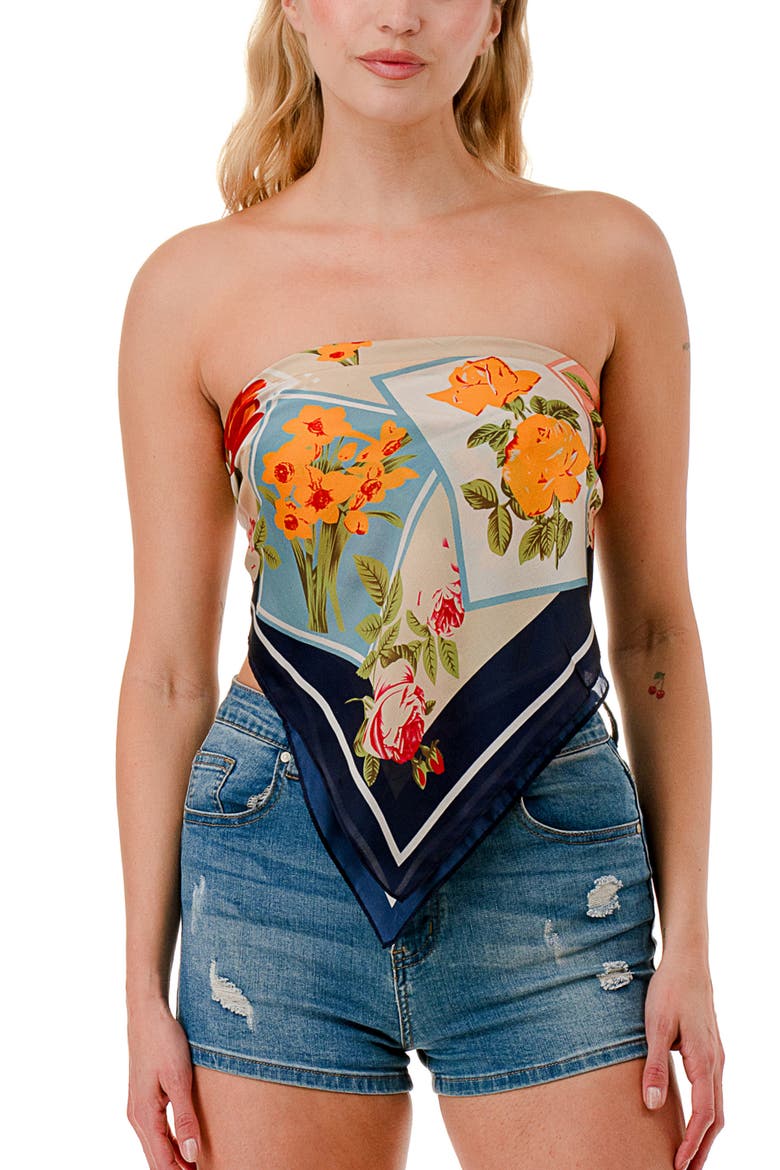 Floral Satin Square Scarf, Alternate, color, NAVY