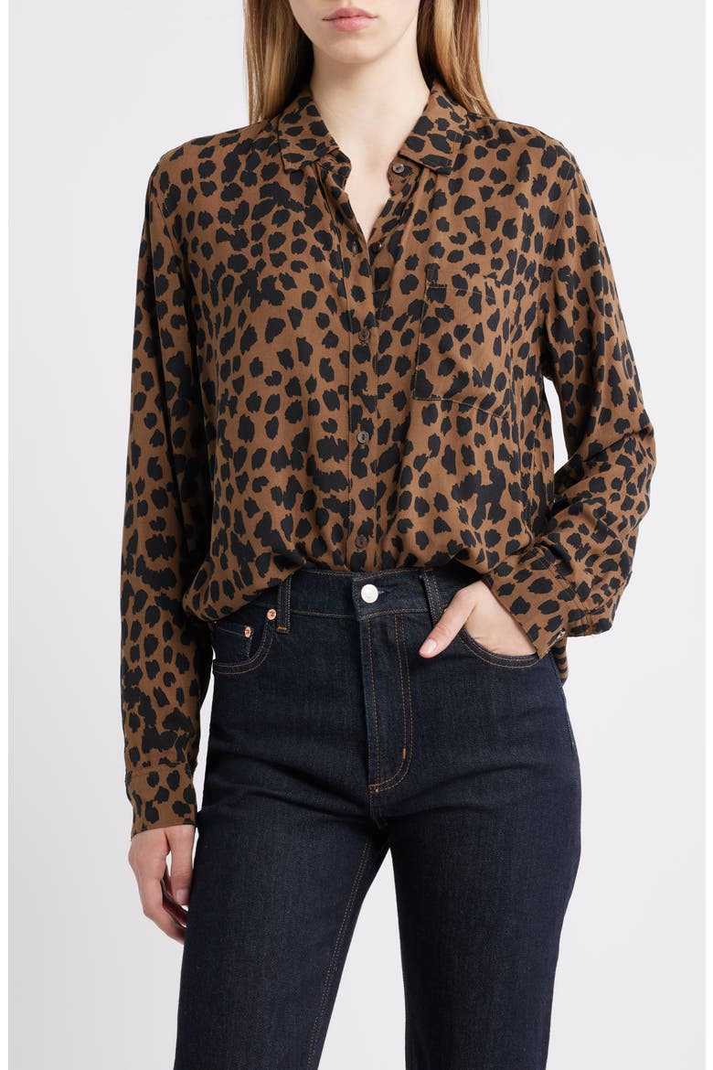Josephine Leopard Print Button-Up Shirt, Main, color, TEAK SPOTTED