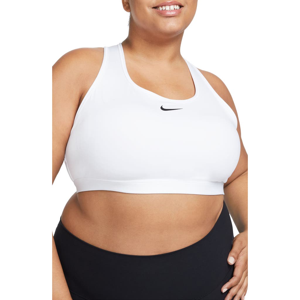 Nike Swoosh Medium Support Sports Bra In White/stone Mauve/black