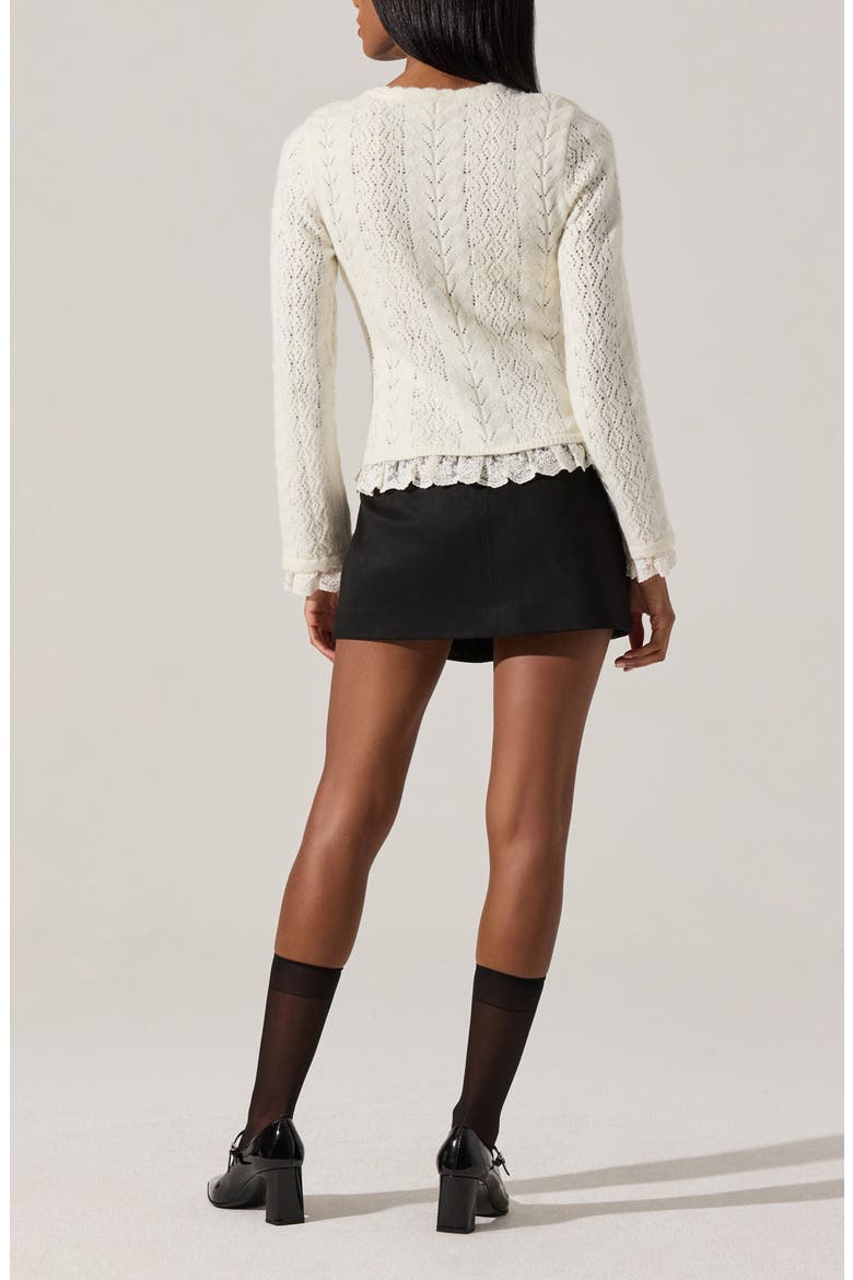 Lacey Ruffle Pointelle Tie-Front Cardigan, Alternate, color, CREAM