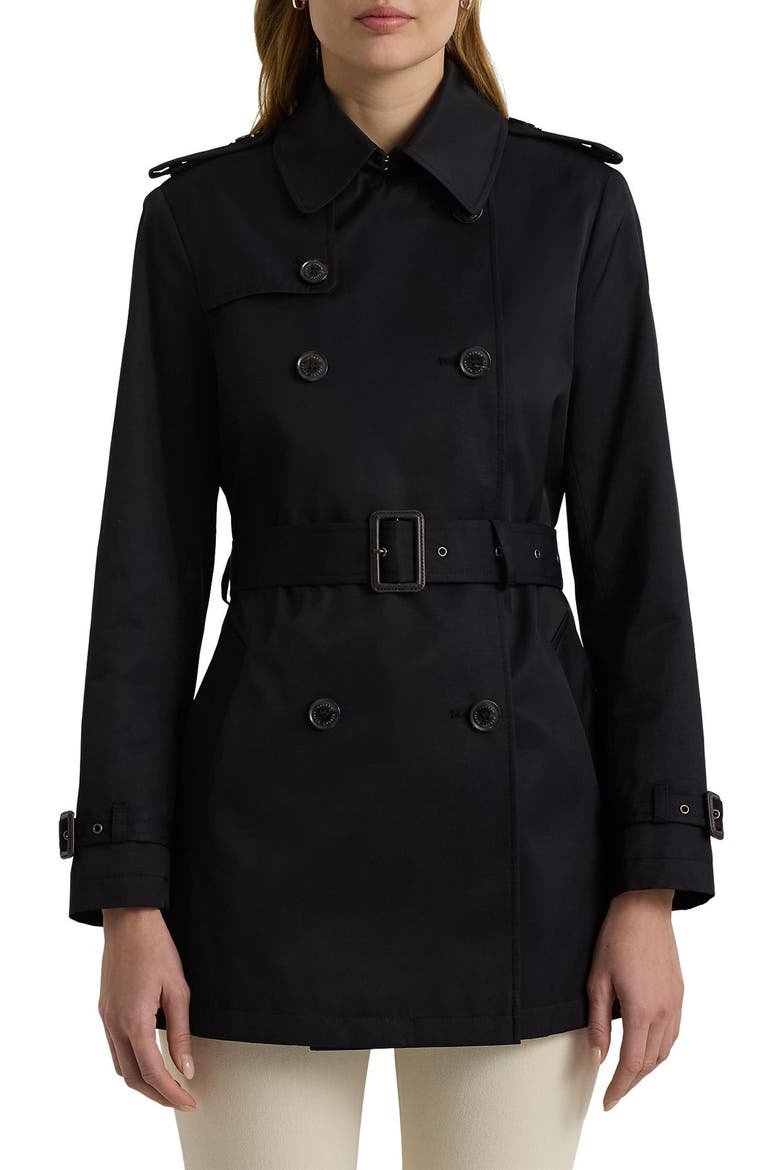 Belted Double Breasted Trench Coat with Faux Leather Trim, Main, color, DK NAVY