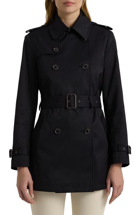 Belted Double Breasted Trench Coat with Faux Leather Trim