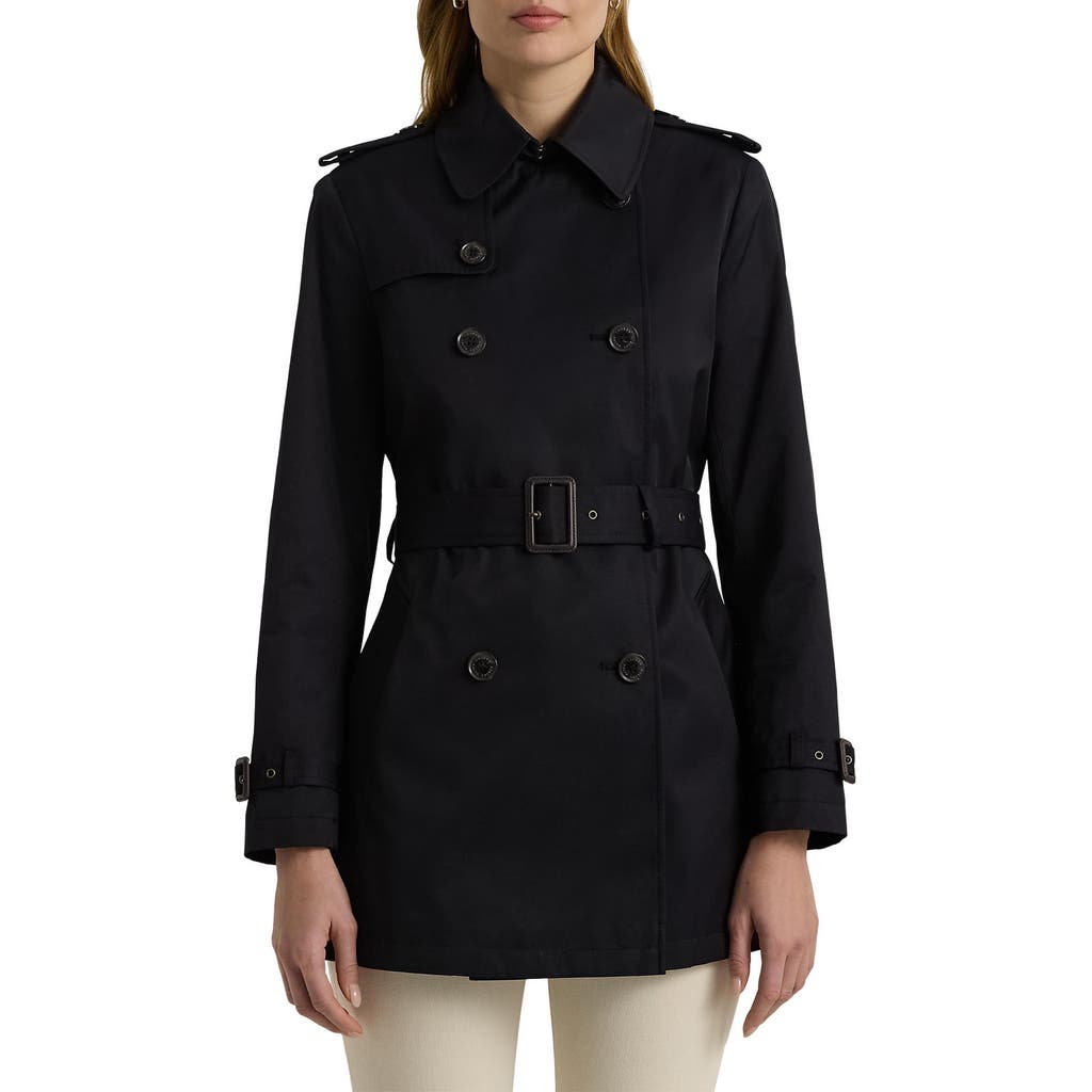 RALPH LAUREN LAUREN RALPH LAUREN BELTED DOUBLE BREASTED TRENCH COAT WITH FAUX LEATHER TRIM