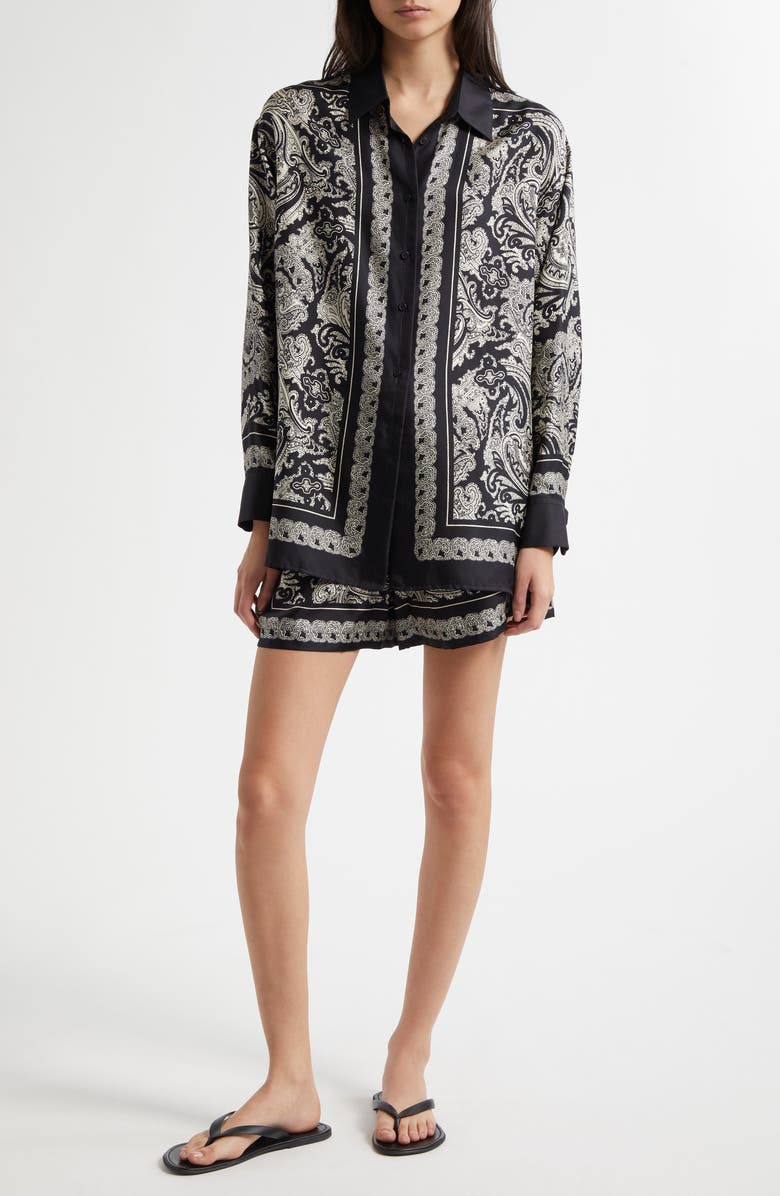 Nili Lotan Frances Silk Shorts, Alternate, color, Black/ Ivory Paisley Scarf
