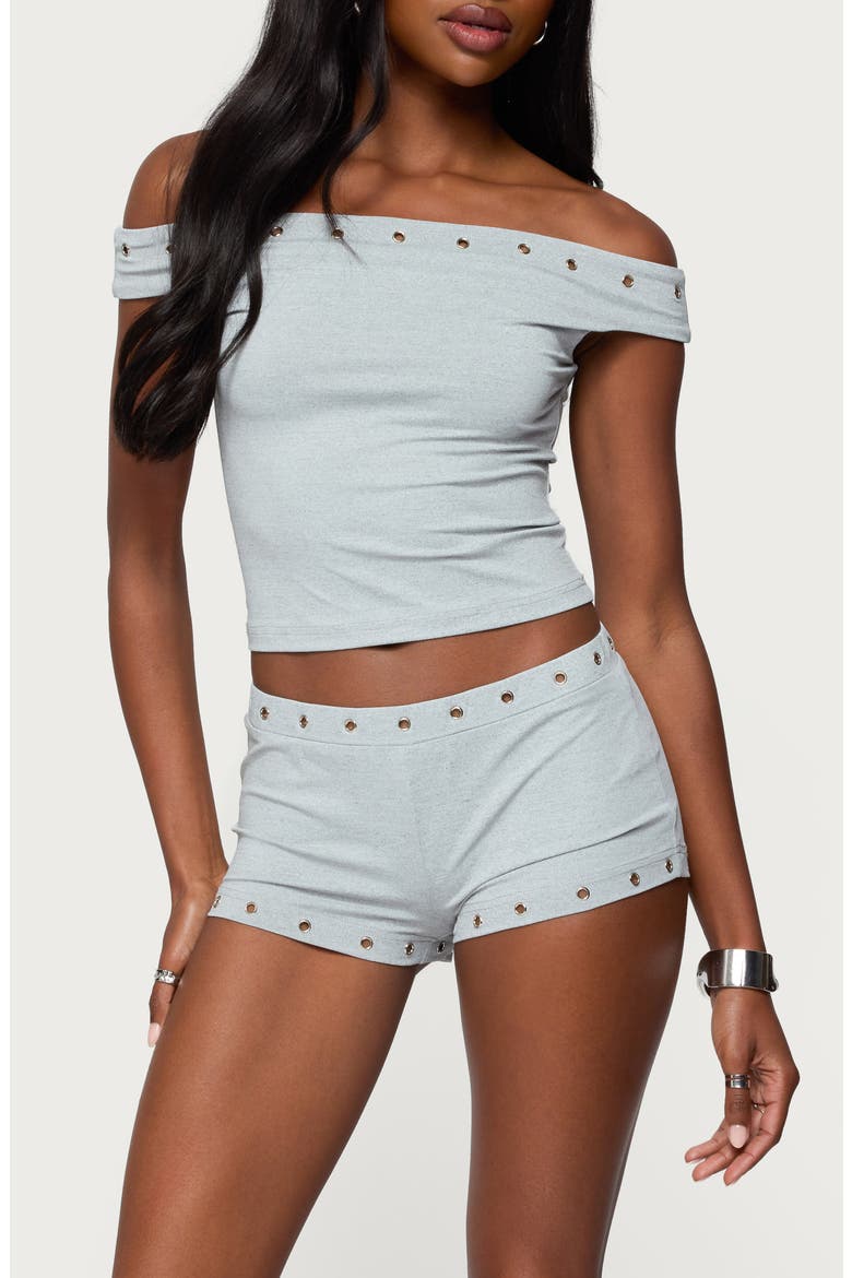 Neriah Grommet Trim Off the Shoulder Crop Top, Main, color, GRAY-MELANGE