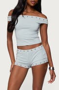 EDIKTED Neriah Grommet Trim Off the Shoulder Crop Top