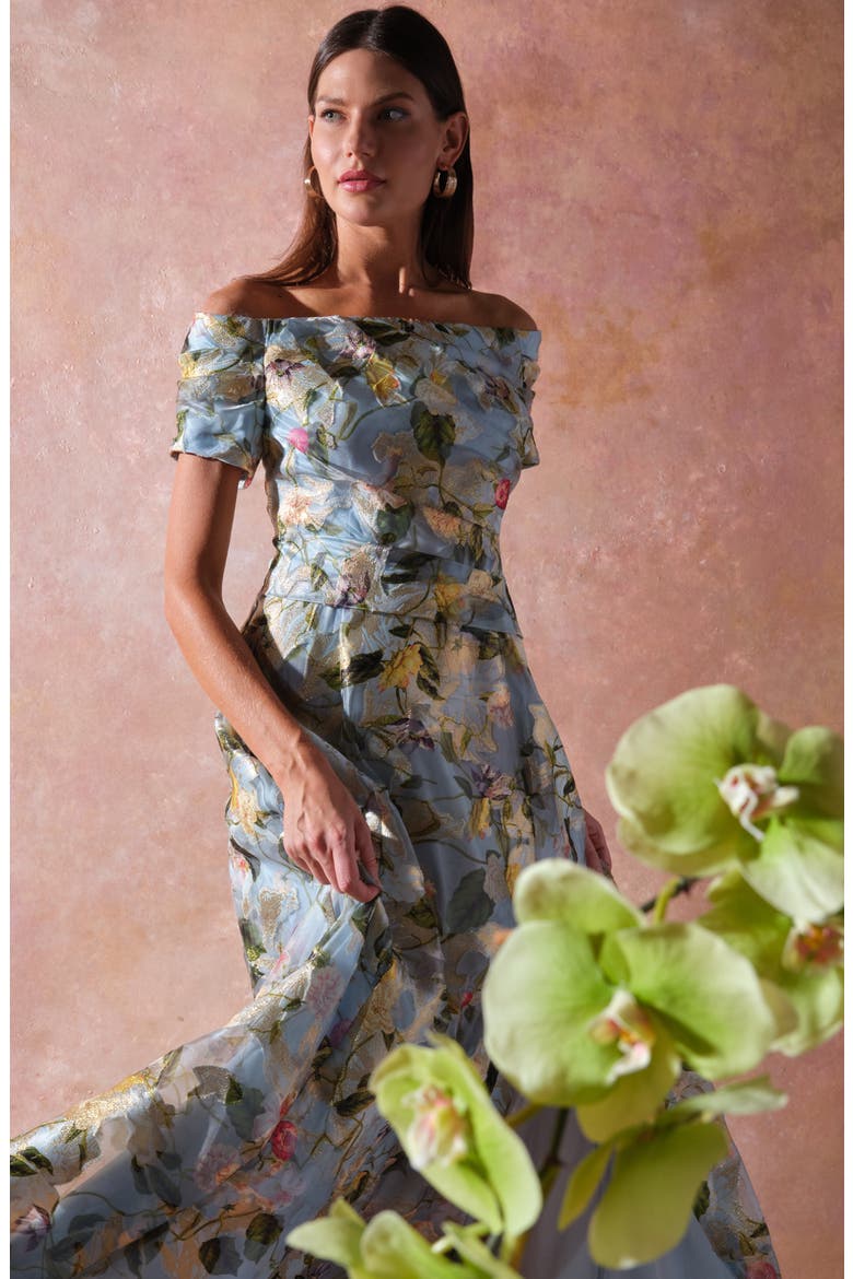 Carissa Metallic Embroidered Off the Shoulder A-Line Gown, Alternate, color, AQUA GOLD