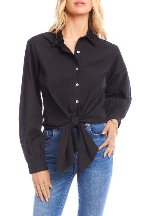 Tie Front Embellished Collar Cotton Button-Up Shirt