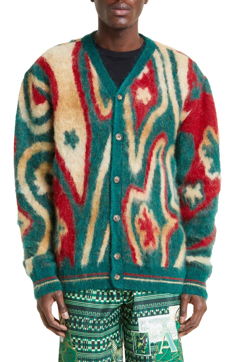 Ahluwalia Ongoye V-Neck Mohair, Wool & Alpaca Blend Cardigan, Main, color, 