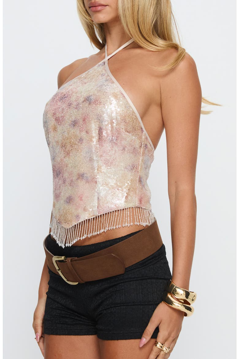 Udelle Sequin Fringe Halter Crop Top, Alternate, color, CREAM SEQUIN