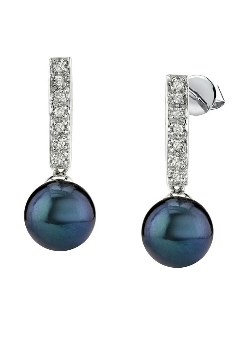 Black Akoya Pearl Dangling Diamond Earrings, Main, color, White Gold