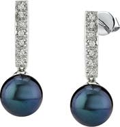 The Pearl Source Black Akoya Pearl Dangling Diamond Earrings