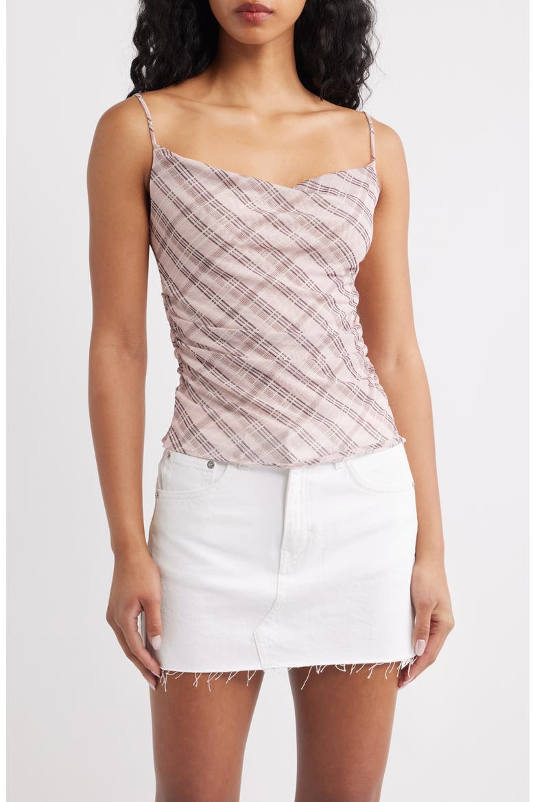 Illo Plaid Cowl Neck Ruched Top, Main, color, PINK