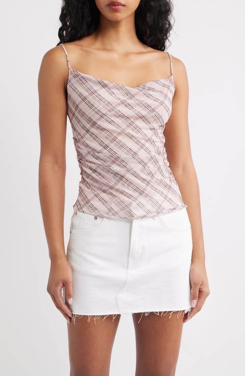 Illo Plaid Cowl Neck Ruched Top