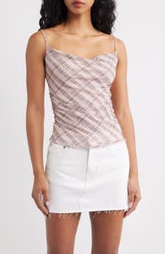 MANGO Illo Plaid Cowl Neck Ruched Top