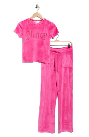 Juicy Couture Rhinestone Logo Velour Top & Pants Pajamas In Pink