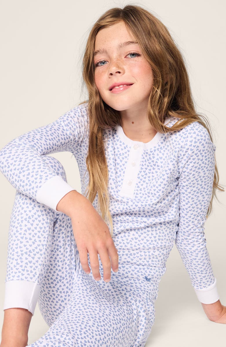 Petite Plume Kids' Heart Print Fitted Pima Cotton Two-Piece Pajamas, Alternate, color, Blue