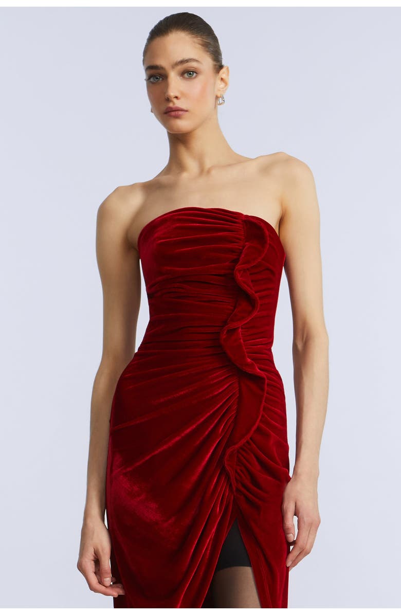 BCBGMAXAZRIA Strapless Velvet Ruffle Dress, Alternate, color, Chilli Pepper