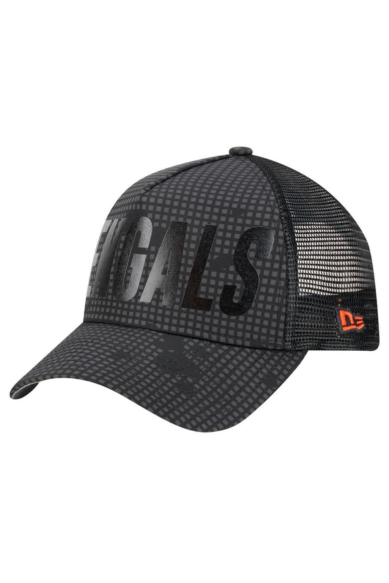 Men's New Era Black Cincinnati Bengals  Midnight Ink Tonal Text A-Frame Trucker 9FORTY Adjustable Hat, Alternate, color, Black