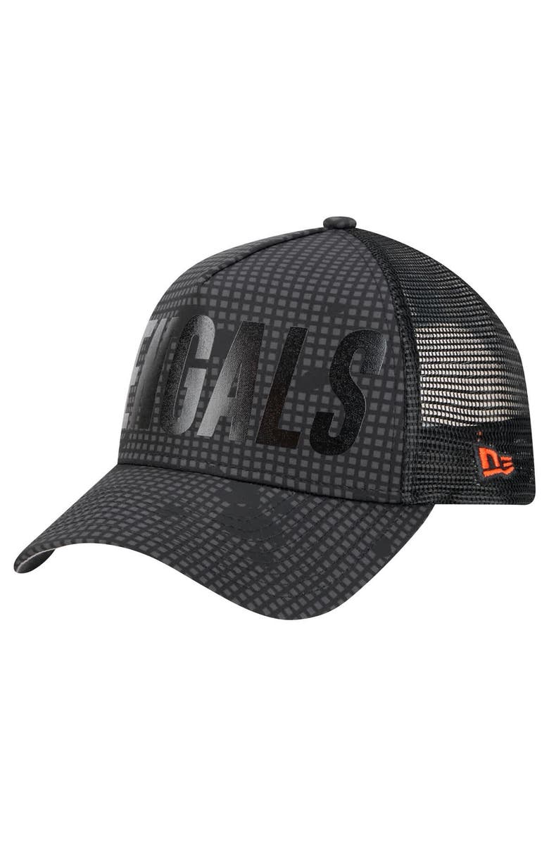 New Era Men's New Era Black Cincinnati Bengals  Midnight Ink Tonal Text A-Frame Trucker 9FORTY Adjustable Hat, Alternate, color, Black