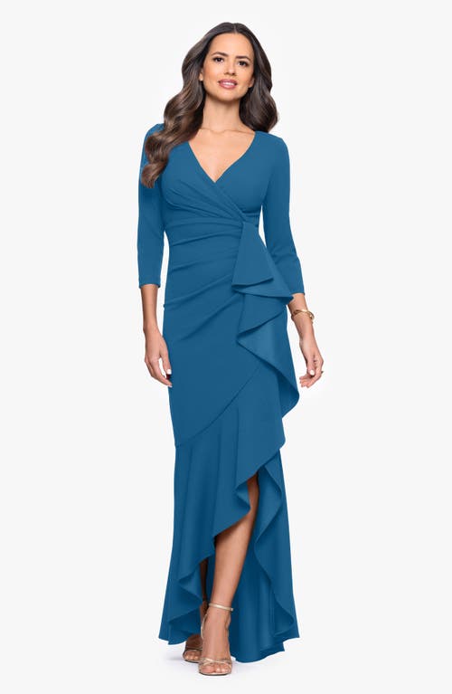 Betsy & Adam Ruffle Scuba Crepe Faux Wrap High-low Mermaid Gown In Blue