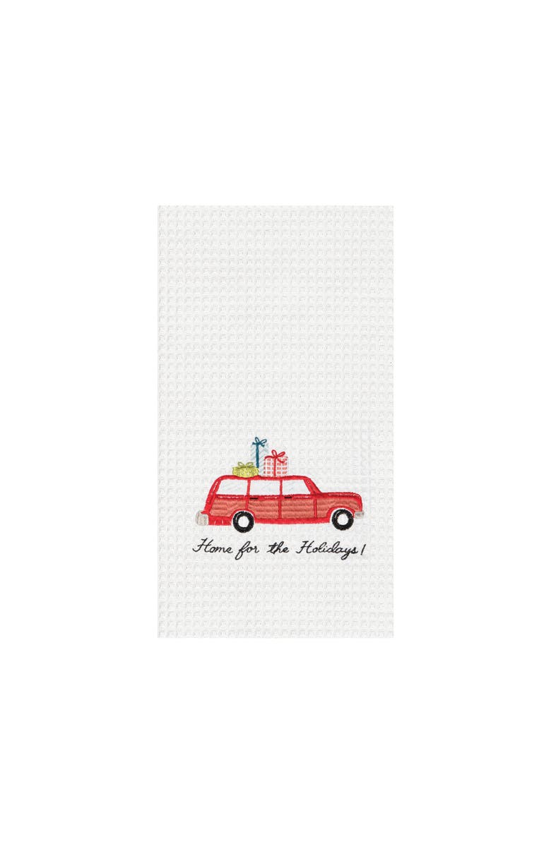 C&F Home 27" x 18" "Home For Holidays" Sentiment with Red Station Wagon Car Cotton Embroidered & Waffle Weave Kitchen DIsh Towel, Main, color, White