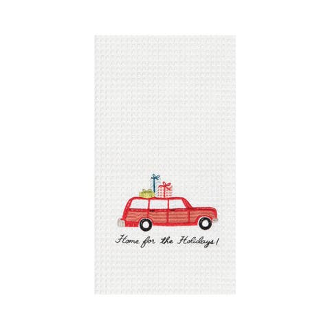 27" x 18"  "Home For Holidays" Sentiment with Red Station Wagon Car Cotton Embroidered & Waffle Weave Kitchen DIsh Towel