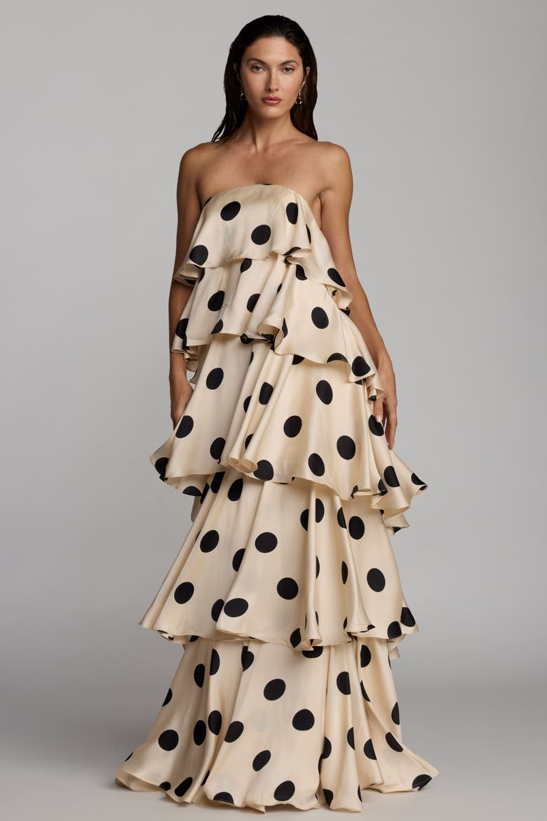 Strapless Polka Dot Charmeuse Ruffle Gown, Alternate, color, Cream Black