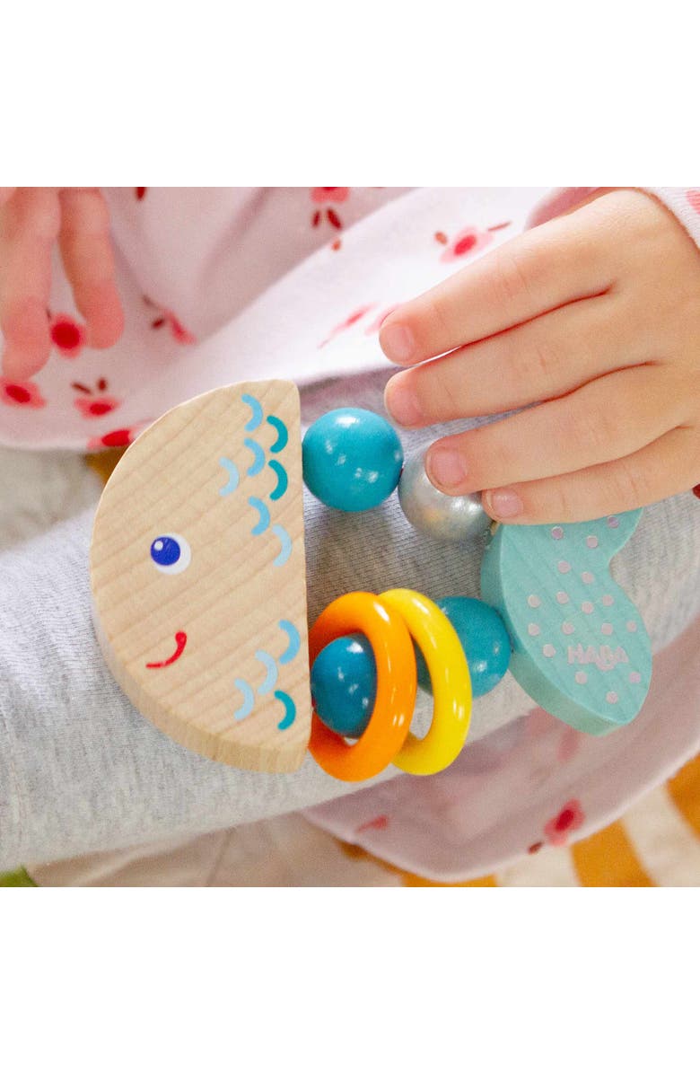 HABA Rattlefish Wooden Baby Rattle and Teething Toy with Plastic Rings, Teething Toys 6-12 months, Grasping Toy for Babies, Made in Germany, Alternate, color, Multi