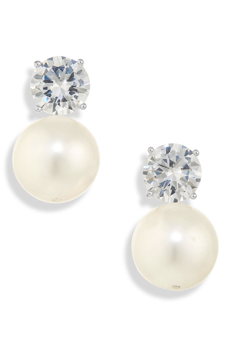 Large Cleo Stud Earrings, Main, color, SILVER/ PEARL