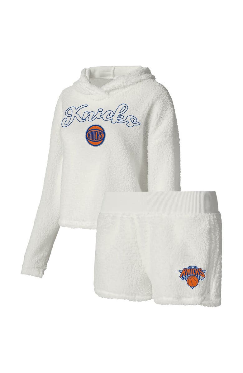 College Concepts Women's College Concepts Cream New York Knicks Fluffy Long Sleeve Hoodie T-Shirt & Shorts Sleep Set, Main, color, 