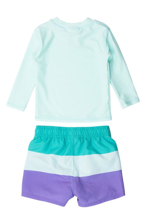 Ruggedbutts Long Sleeve Rashguard & Stripe Swim Trunks Set In Green