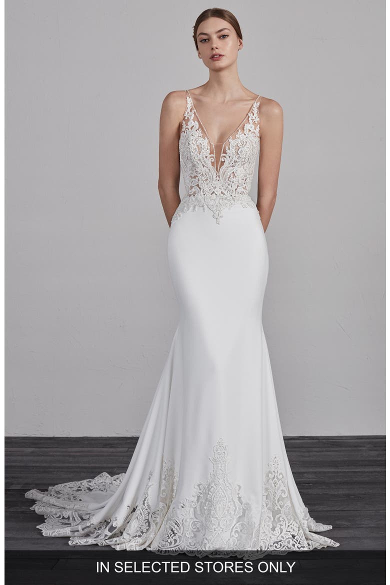 Erandi Lace & Crepe Trumpet Wedding Dress, Main, color, OFF WH/ CRST/ ND
