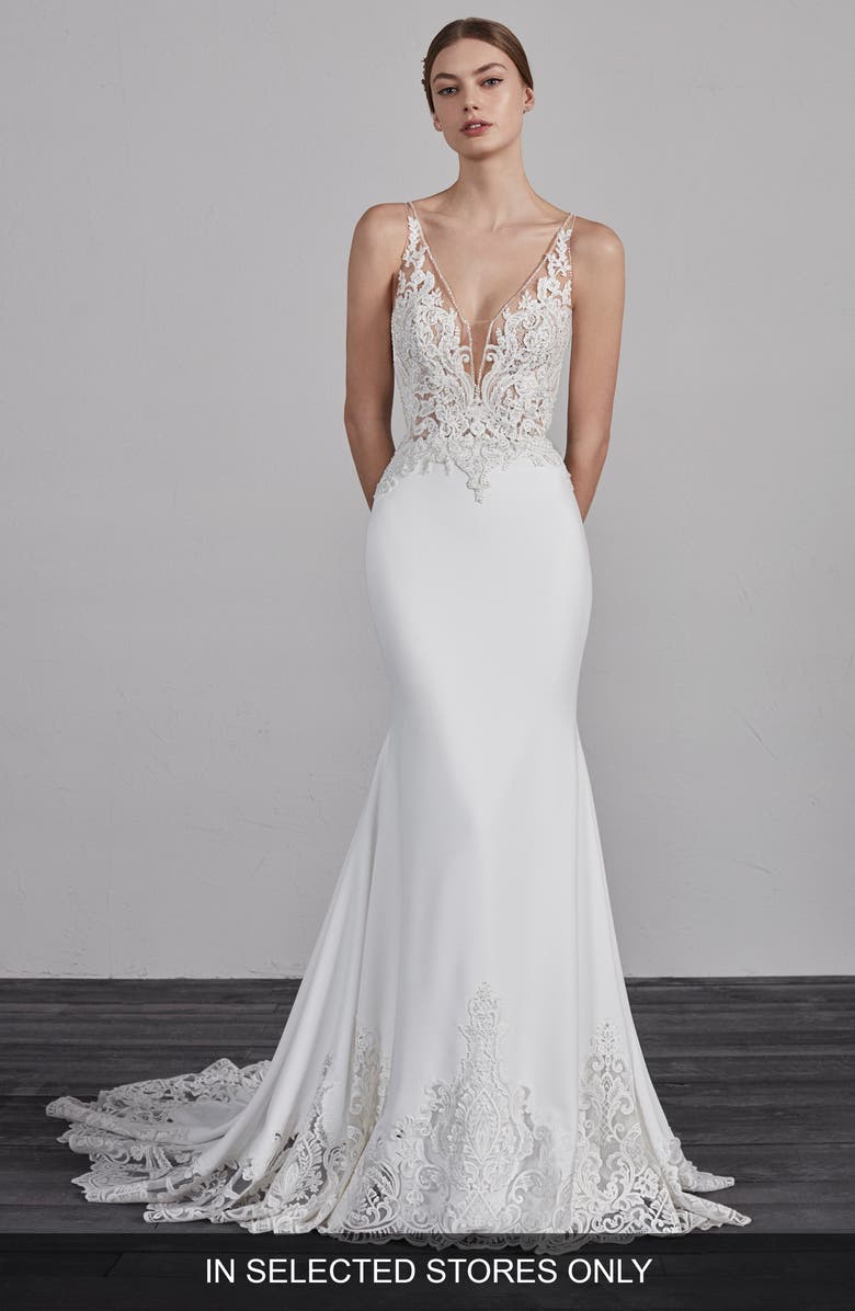 Pronovias Erandi Lace & Crepe Trumpet Wedding Dress, Main, color,