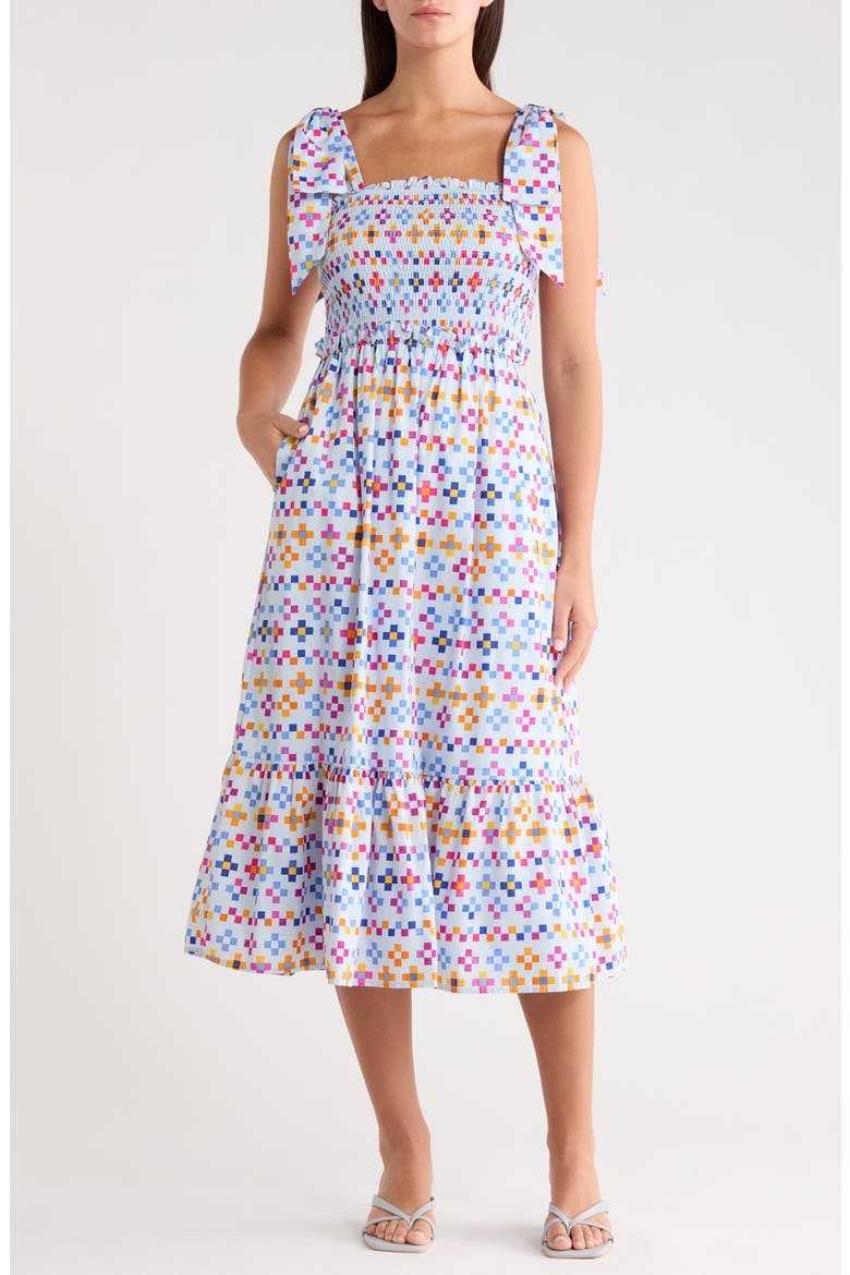Kessa Mitzy Geo Smocked Midi Dress, Main, color, LIGHT-BLUE-MULTI