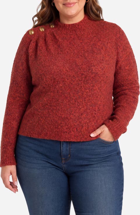 Mock Neck Bouclé Sweater with Button Detail
