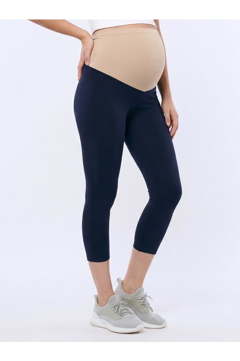 Essential Stretch Secret Fit Over the Belly Maternity Crop Leggings, Alternate, color, Navy