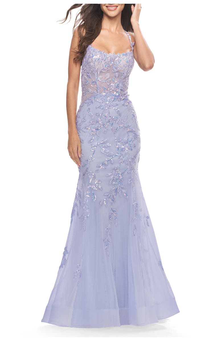La Femme Beautiful Mermaid Gown with Sequin Lace Details, Alternate, color, Light Periwinkle