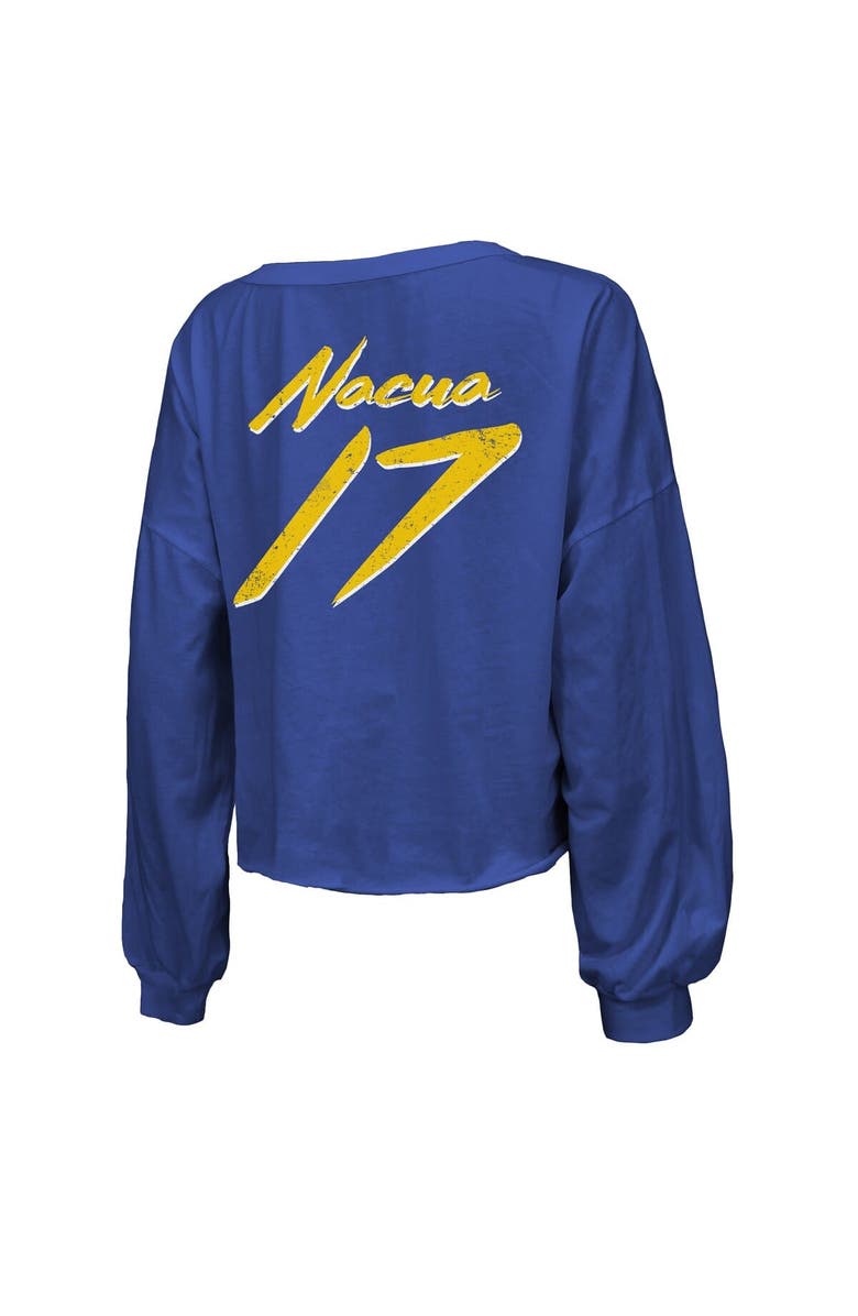Majestic Threads Women's Majestic Threads Puka Nacua Royal Los Angeles Rams Off-Shoulder Script Player Name & Number Cropped Long Sleeve V-Neck T-Shirt, Alternate, color, Royal