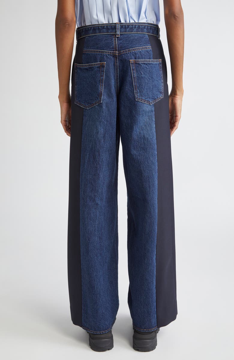 Sacai Mixed Media Belted Wide Leg Jeans, Alternate, color, 